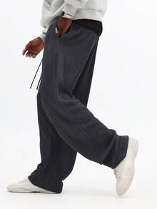Pantalones de chándal de pierna ancha con textura y cordón SUMWON, ropa de estar en casa informal y holgada para otoño e invierno, con cintura elástica y plisados, cómodos y lisos - Gris Oscuro - Ver 2