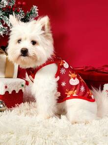 PETSIN 2pcs Pet Christmas Cat Dog Universal Apricot Red Set Christmas Elk Snowflake Cartoon Illustration Fashion Cute Print Elastic Comfortable Dog Christmas Tank Top