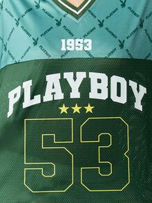 Missguided x Playboy Maglia da calcio vintage stile varsity, a blocchi di colore, scollo a V, maniche corte, stile vintage 1953 con logo grafico, modello unisex alla moda - Verde - Visualizzare 6