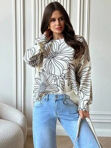 Firerie Suéter casual feminino com estampa floral e gola redonda para outono/inverno - Damasco - Ver 4