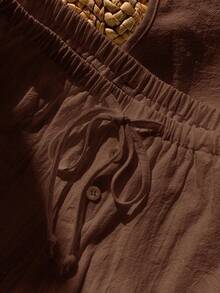 Comfortcana Bộ 2 áo thun không tay buộc dây màu trơn đơn giản dành cho nữ và quần short dây rút - màu nâu - Xem 9