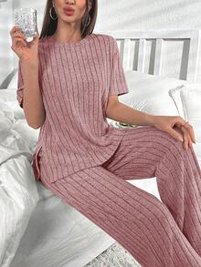 SHEIN Bộ đồ vest thường ngày cổ tròn tay ngắn dệt kim màu trơn và quần dài - Bụi hồng - Xem 5