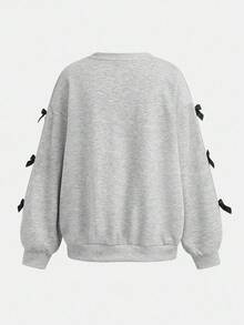 SHEIN Teen Girls 2pcs Set: Loose Fit Crew Neck Long Sleeve Knit Sweatshirt With Bow Decor & Wide Leg Casual Pants, Versatile Loungewear