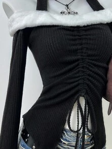 Elamini 1pc Women's Black Faux Fur Patchwork Contrast Color Asymmetrical Hem Drawstring Waist Casual Commute Fitted Sexy Blouse, Suitable For Winter, Christmas, Valentine's Day