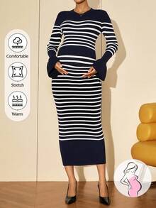 MaterniWear 孕妇休闲条纹紧身毛衣裙，秋冬 - 藍白色 - 查看 1