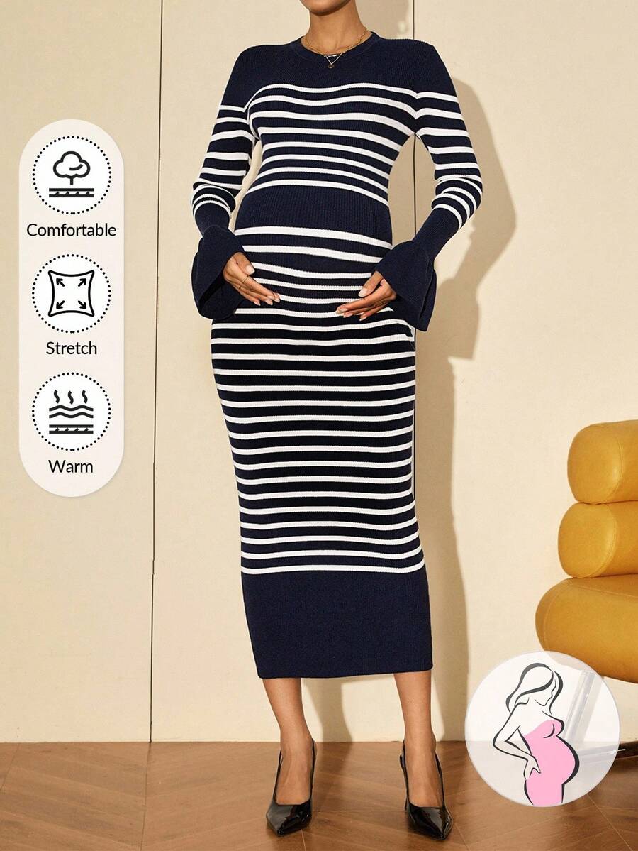 MaterniWear 孕妇休闲条纹紧身毛衣裙,秋冬 - 藍白色 - 查看 1