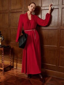 Aalyst Damen glänzendes, elastisches Kleid mit V-Ausschnitt, ärmellos, geraffter Taille und Metallic-Ketten-Gürtel, elegantes, vintage französischer Street-Style Maxikleid, geeignet für Weihnachten, Halloween, Thanksgiving, Nachmittagstee-Party, Herbst/Winter - Bordeaux - Übersicht 5