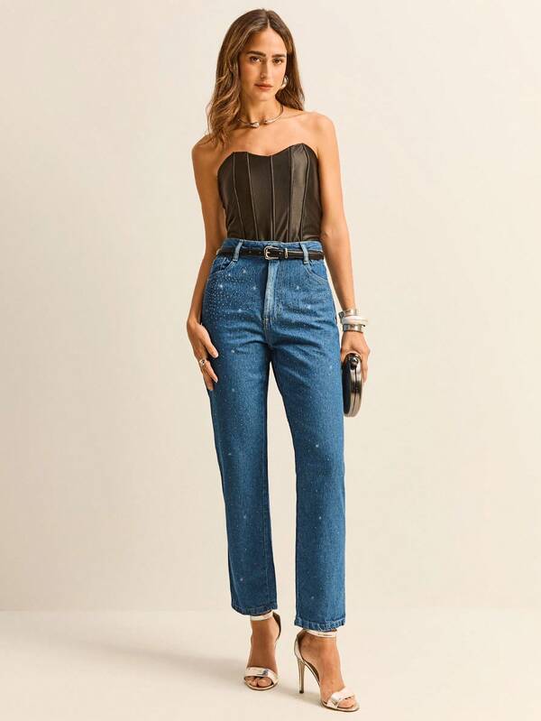 Daynim Calça Mom Cropped com Brilhos