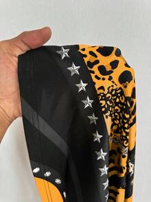 Whyspr 大码女式时尚街头朋克动物印花拼接星星铆钉链条装饰喇叭裤 - 黃色 - 查看 7