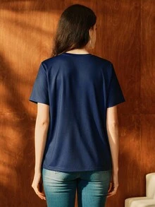 Anewsta 女士时尚奢华休闲刺绣串珠印花短袖圆领 T 恤，适合夏季、优雅、别致、新年、休闲、派对 - 藏蓝色 - 查看 7