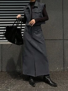 DAZY Bộ 2 món áo vest và chân váy bằng da PU dành cho nữ mùa thu/đông, kiểu dáng đơn giản, cài khuy. - Màu xanh lam - Xem 2