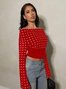 Glamine Polka Dot Print Oblique Shoulder Long Sleeve Top For Women, Autumn - Red - View 5