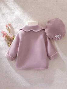 SHEIN Mantel Panjang Bayi Perempuan Motif Bunga dengan Kerah Peter Pan, Kancing Mawar, Pita, dan Saku, Dilengkapi Topi yang Serasi, Manis & Imut, Musim Semi/Gugur Musim Dingin - Berwarna merah muda - View 2