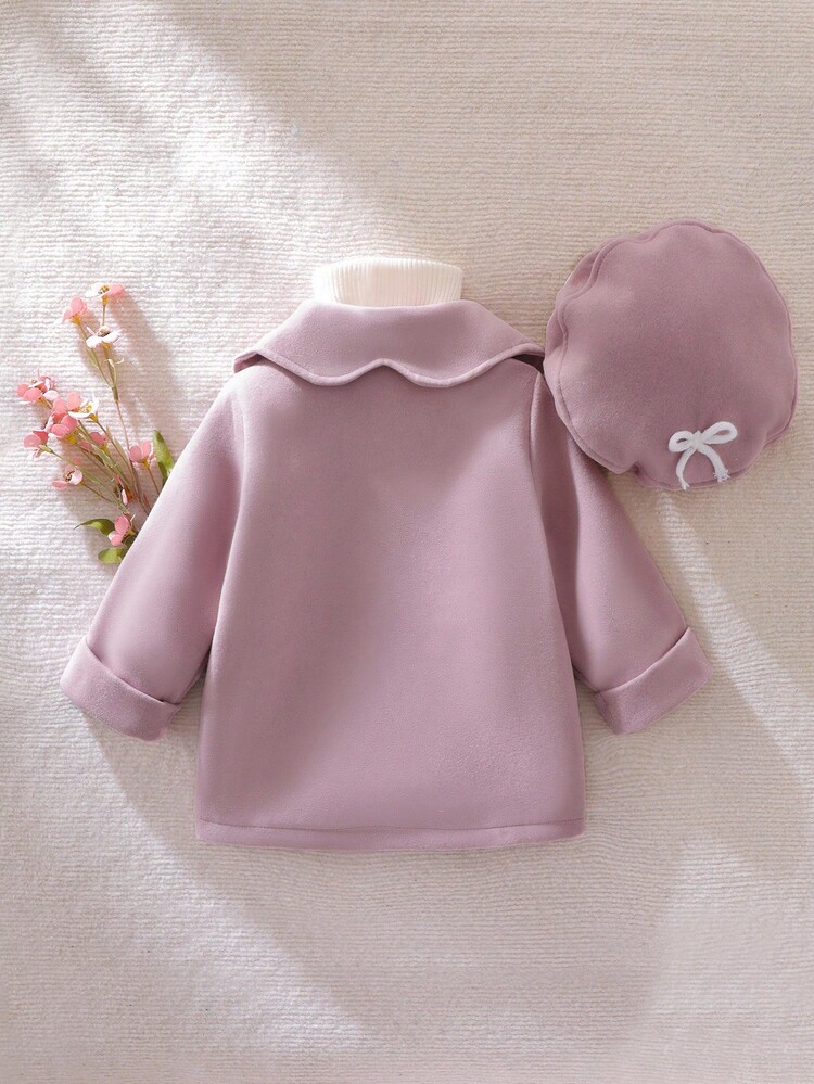 女婴花卉彼得潘领玫瑰纽扣蝴蝶结口袋外套，配同款帽子，甜美可爱，春秋/秋冬 - 粉色 - 查看 2