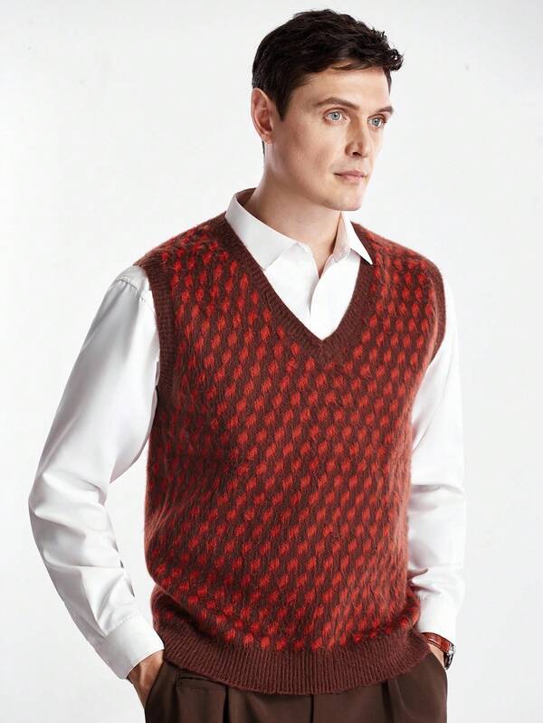 Manfinity CityGents Chaleco de punto con patrón geométrico casual para hombre, otoño/invierno