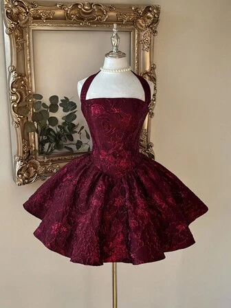 Lovelzi Vestido elegante, romántico y de moda de tela jacquard burdeos con escote halter, espalda descubierta y manga larga en corte evasé, adecuado para ceremonia de graduación, apertura de escuela, festival de música, fiesta de cumpleaños, boda, té de la tarde, baile de graduación