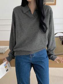 DAZY 复古风格女式长袖分层 Polo 领毛衣 - 灰色 - 查看 1