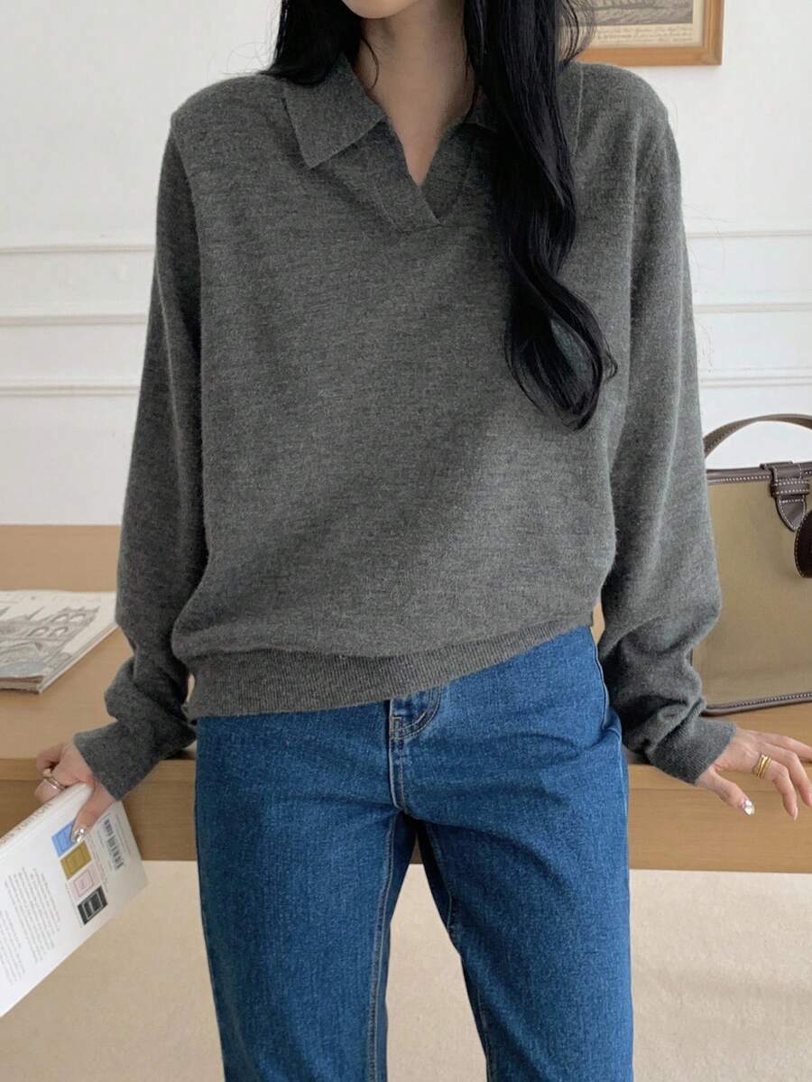 DAZY 复古风格女式长袖分层 Polo 领毛衣 - 灰色 - 查看 1