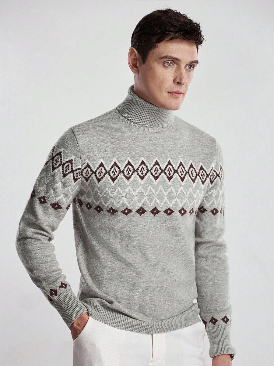 Manfinity CityGents Men's Geometric Pattern Long Sleeve Casual Turtleneck Sweater, Autumn/Winter