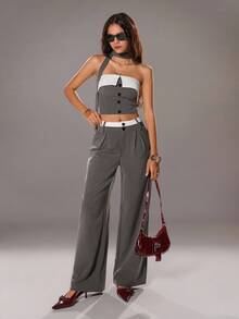 TRNVIE 2 件套女士套装，深灰色街头与派对设计撞色拼接抹胸露肩无袖上衣和阔腿裤，性感、优雅、时尚 - 深灰色 - 查看 7