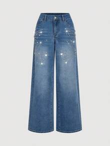 SHEIN MOD 女士休闲日常水洗水钻斜插口袋阔腿牛仔裤，时尚蓝色牛仔裤，饰有闪亮水钻，宽松高腰阔腿牛仔裤，圣诞派对 - 中等水洗藍 - 查看 5