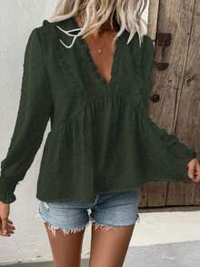 EMERY ROSE Women's Deep V Neck Puff Sleeve Cutout Blouse