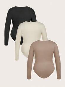 SHEIN Frenchy Plus Size Casual Solid Color Long Sleeve Bodysuit - Multicolor - View 2