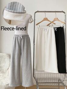 Girls' Casual Solid Color Knitted Brushed Ribbed Composite Fleece Thickened Waist Fixed 3D Bowknot Belt Soft & Comfortable Pants Set, Autumn/Winter Fall