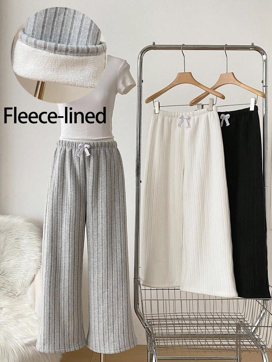 Girls' Casual Solid Color Knitted Brushed Ribbed Composite Fleece Thickened Waist Fixed 3D Bowknot Belt Soft & Comfortable Pants Set, Autumn/Winter Fall