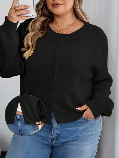 SHEIN CURVE+ Curves Plus Size/Chool Clothes/Back To School Clothes /Back To SchoolCasual Solid Color Round Neck Long Sleeve Loose Cropped Plus Size Cardigan Plus Size Shrug 8xl Cardigan Plus Size Summer Yellow Cardigan 6xl Plus Size Cardigan,Fall Clothes For Womenfall Clothes For Women,Winter,CURVE PLUS