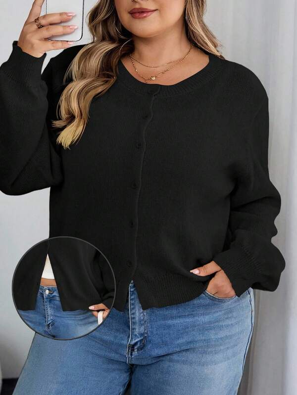 SHEIN CURVE+ Curves Plus Size/Chool Clothes/Back To School Clothes /Back To SchoolCasual Solid Color Round Neck Long Sleeve Loose Cropped Plus Size Cardigan Plus Size Shrug 8xl Cardigan Plus Size Summer Yellow Cardigan 6xl Plus Size Cardigan,Fall Clothes For Womenfall Clothes For Women,Winter,CURVE PLUS