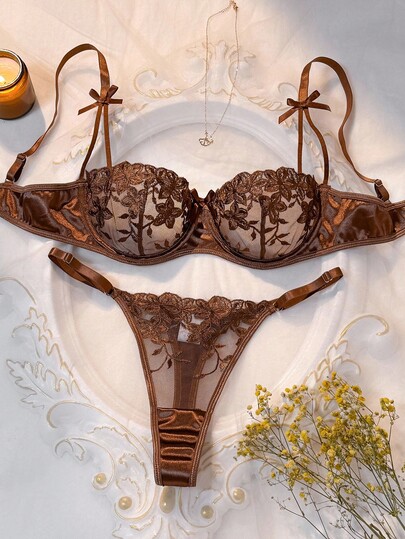 Romantic Bloemen Geborduurde Verleidelijke Lingerie Set Women Hollow Out Butterfly Underwire Bruin Kanten BH view 3