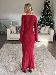 Easowa Enges Bodycon-Kleid mit Rundhalsausschnitt, Schleife vorne, Glockenärmeln und taillierter Taille, aus flauschigem Stoff, lässiger, entspannter Pendler-Vintage-Stil für Frauen