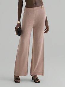 Glamine Pantalones de punto de unicolor casual con botones decorativos para mujer, otoño/invierno - Caqui - Ver 6