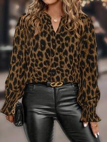 Auvina 秋季大码女式梭织印花休闲衬衫 - 鏽棕色 - 查看 1