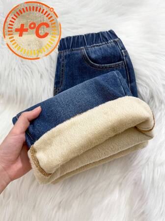 女童宽松蓝色牛仔保暖裤，秋冬季服装，休闲时尚度假装，加厚抓绒保暖长裤，加厚抓绒宽松阔腿裤