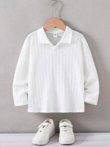 Kids/Young Boy Casual Everyday Versatile Comfortable Ribbed Polo Collar Half-Zip Long Sleeve Knit Polo Shirt, Suitable For School, Garden, Beach, Birthday, Spring/Summer, Fall, Winter - White - View 2