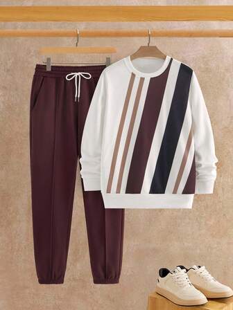 Manfinity NXTstreet 2pcs/Set Men's Casual Oblique Striped Print Sweatshirt & Pants Set, Fall Clothes, Winter, Cozy Outfits