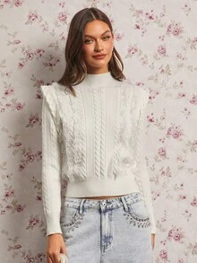 Enchnt Women's Elegant Off-White Ruffle Collar Long Sleeve Pullover Sweater, Autumn Sweaters For Date Night,Fashionable Vacation&Party Clothes - White - View 3