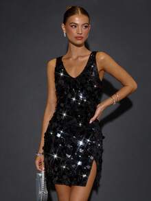 SHEIN BAE Vestido mini de mujer con cuello cuadrado, negro con lentejuelas brillantes, adecuado para cócteles, fiestas, ocasiones formales, eventos festivos, Halloween, Navidad