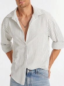 Manfinity Dauomo Men's Striped Long Sleeve Single-Breasted Casual Fashion Shirt, Fall - White - View 3