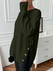 EURMUSE Women's Loose Fit Casual Sweater With Side Button Detail, Round Neck, Autumn/Winter - Green - View 6