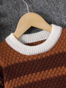 Randig kontrastfärgad tjock mjuk stickad pullover för pojkar, lämplig för hem, fritid, utomhus och fest, höst/vinter - Kaffebrun - Visa 4