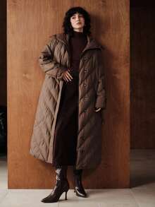 Zovinel 女装冬季新款简约高端保暖长袖系带可拆卸长款棕色棉服外套，适合通勤 - 咖啡棕 - 查看 6