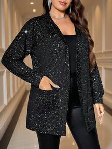 SHEIN Clasi Veste ample à manches longues noire pour femmes grandes tailles, en tissu brillant avec estampage argenté, avec poches. Confortable, douce et brillante.
