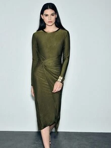 Lumivelle 女士优雅开叉扭纹腰长袖连衣裙，高端修身时尚外观 - 綠色 - 查看 4