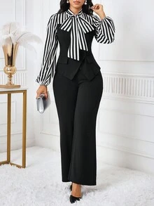 SHEIN Lady Bộ 2 món áo sơ mi tay lỡ kẻ sọc chắp vá thời trang đi làm cho nữ - Đen và trắng - Xem 1