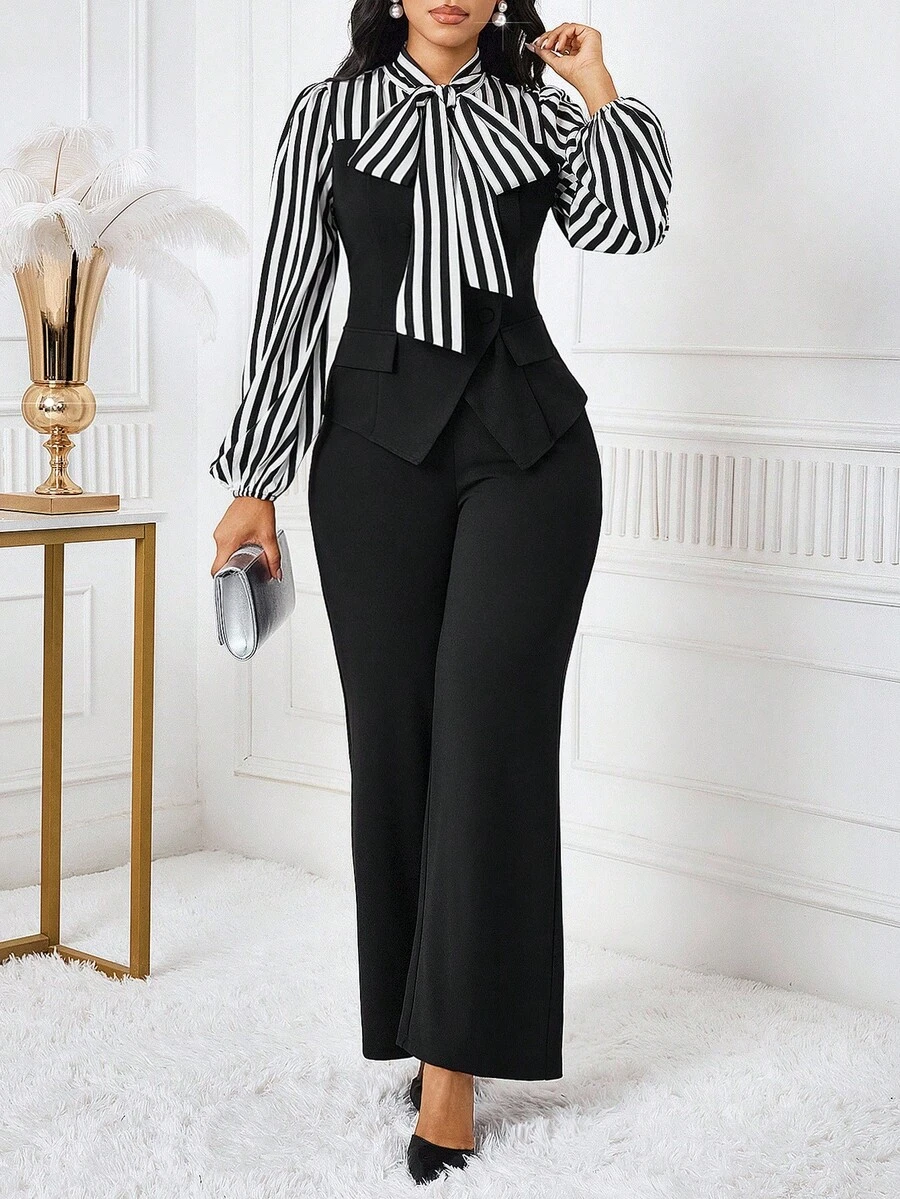 SHEIN Lady Bộ 2 món áo sơ mi tay lỡ kẻ sọc chắp vá thời trang đi làm cho nữ - Đen và trắng - Xem 1