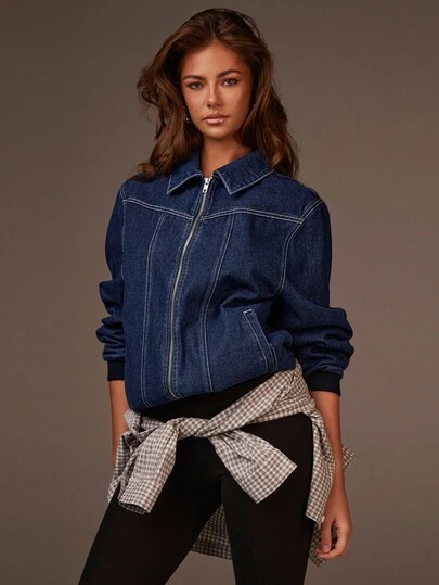 Athîral Women's Dark Indigo Zip-Up Denim Jacket | Structured Denim Fabric, Classic Sturdy Feel, Relaxed Straight Silhouette, Sharp Shirt Collar, Full-Length Sleeves With Elastic Cuffs For Spring And Fall, Exposed Metallic Zip Closure & Contrast Stitch Details, Minimalist Street Style, Versatile Capsule Layer, Essential Basic For Office, Social Meet-Ups & Effortless Everyday Dressing