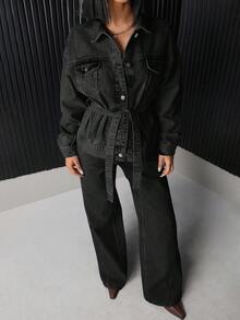 EURMUSE Flap Pocket Button Front Denim Jacket - Dark Grey - View 6